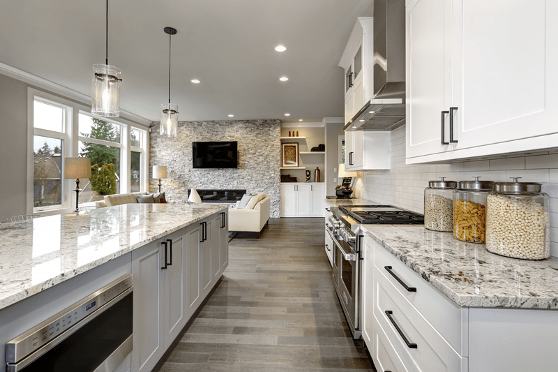 Grey and white open concept kitchen